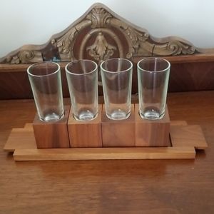 Vintage 1960s Mad Men era antique shot glass set with teak holders and teak tray